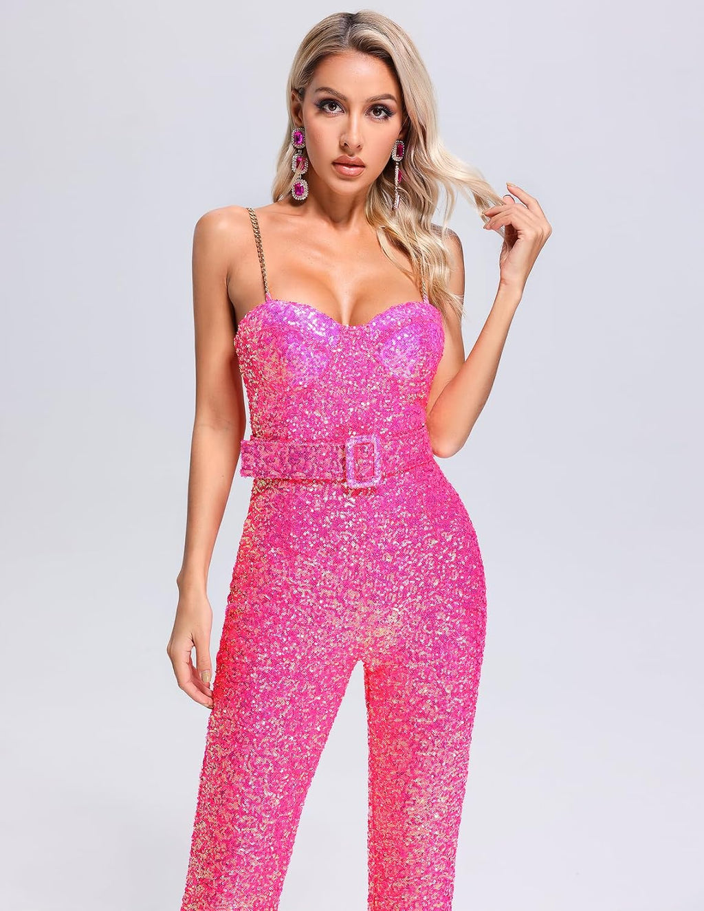 BELLA BARNETT Sequin Jumpsuits For Women Belted Pink Sexy One Piece Jumpsuits For Women