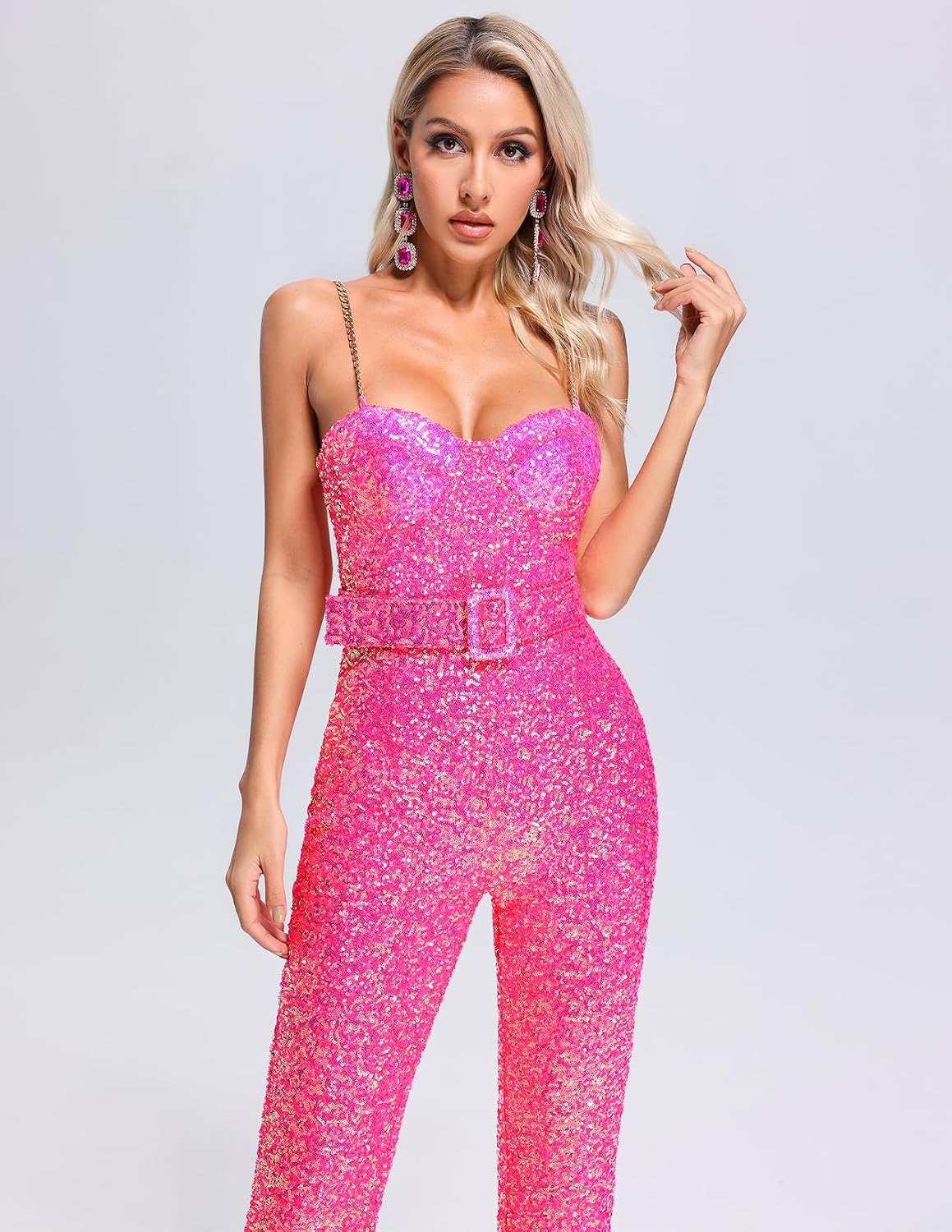 BELLA BARNETT Sequin Jumpsuits For Women Belted Pink Sexy One Piece Jumpsuits For Women
