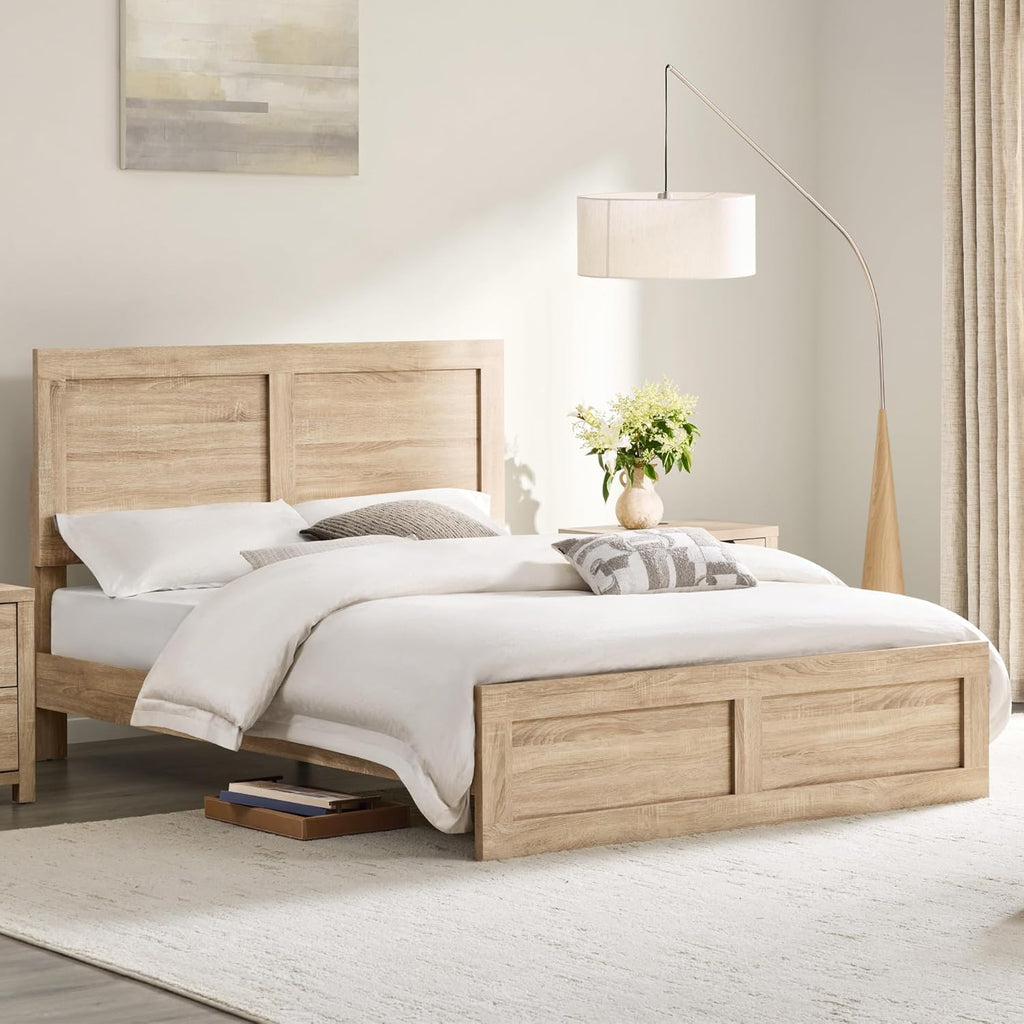 KISLOT Wood Bed Frame, Full Size Wooden Platform Bed Frame with Headboard and Footboard Mattress Foundation Farmhouse Bedroom Furniture No Box Spring Needed
