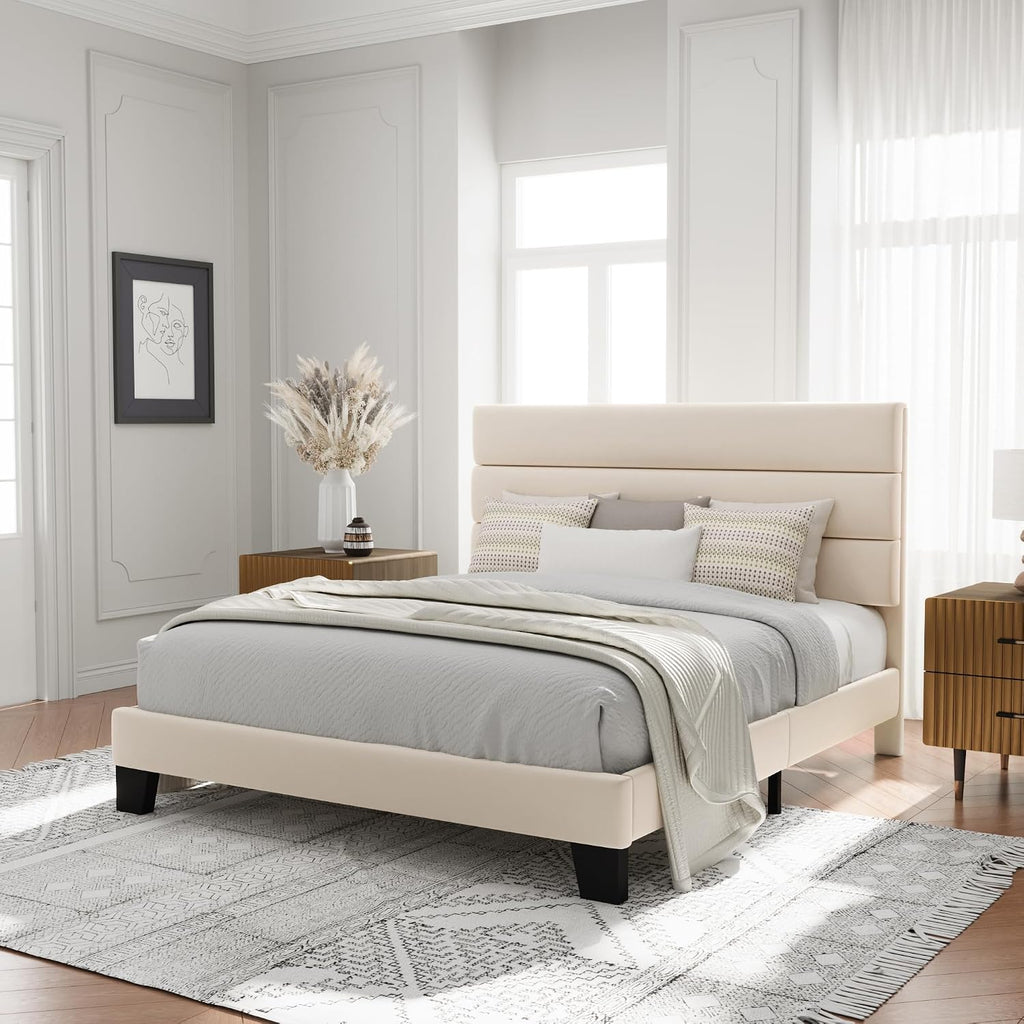 Allewie Queen Size Platform Bed Frame with Velvet Upholstered Headboard and Wooden Slats Support, Fully Upholstered Mattress Foundation/No Box Spring Needed/Easy Assembly, Cream