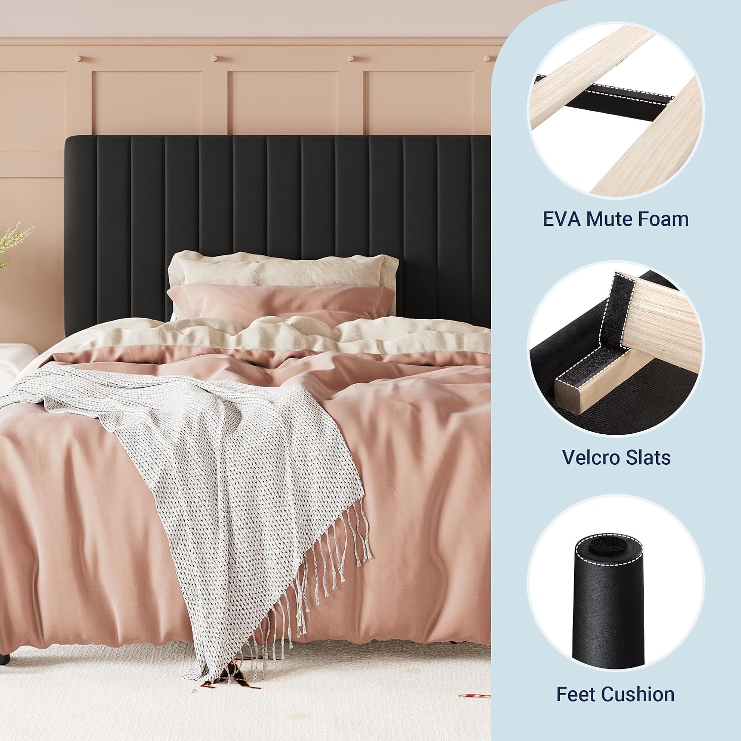 Allewie Twin Bed Frame, Velvet Upholstered Platform Bed with Adjustable Vertical Channel Tufted Headboard, Mattress Foundation with Strong Wooden Slats, Box Spring Optional, Easy Assembly, Black