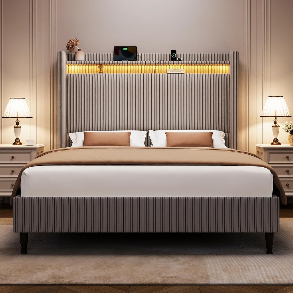 Queen Bed Frame with Tall Headboard, 55.3' Upholstered Platform Bed with LED Lights & Charging Station, Elegant Corduroy Bedframe, 2-tier Storage Wingback Headboard, No Box Spring Needed, Gray Brown