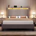 Queen Bed Frame with Tall Headboard, 55.3' Upholstered Platform Bed with LED Lights & Charging Station, Elegant Corduroy Bedframe, 2-tier Storage Wingback Headboard, No Box Spring Needed, Gray Brown