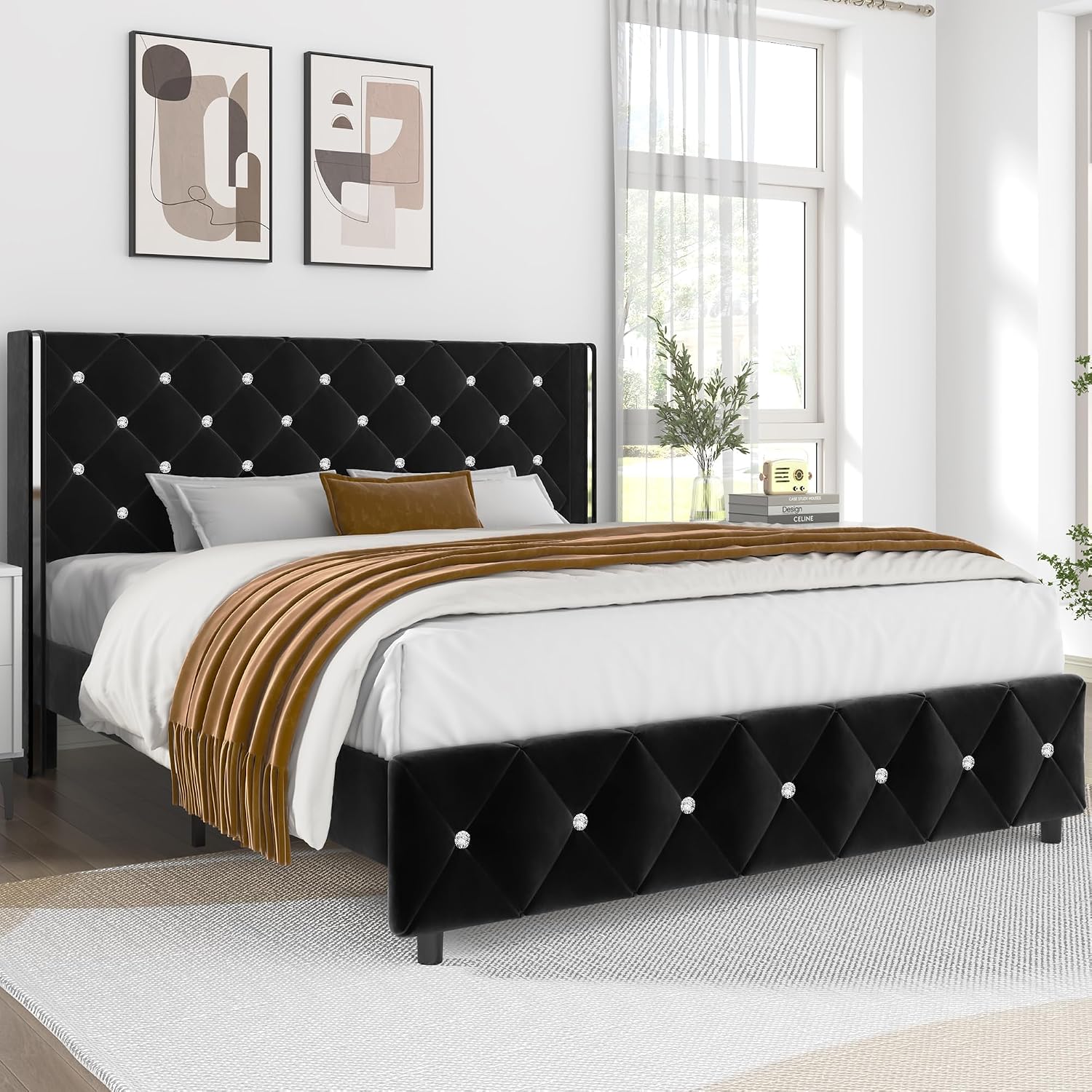 Lullabyre Queen Size Bed Frame, Upholstered Bed Frame with Diamond Tufted Headboard, Modern Silverside Wingback, No Box Spring Needed, Easy Assembly, Black