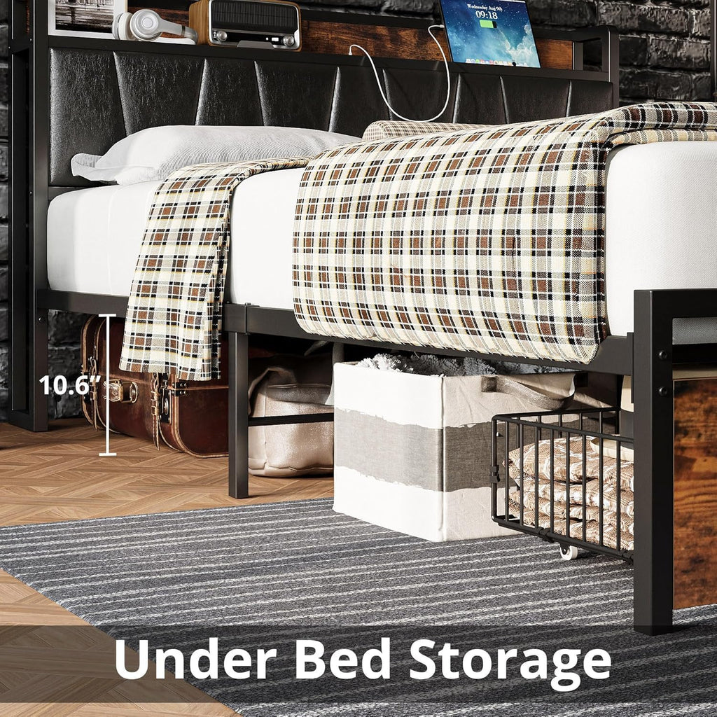 LIKIMIO Full Size Bed Frame, Storage Headboard with Charging Station, Platform Bed with Drawers, No Box Spring Needed, Easy Assembly, Industrial Brown and Black