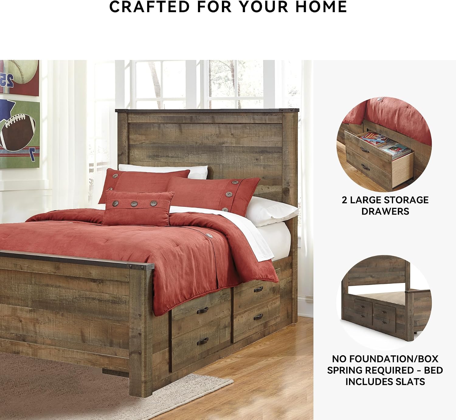 Signature Design by Ashley Trinell Casual Full Panel Platform Bed with 2 Storage Drawers and Nailheads, Foundation or Box Spring Not Needed, Dark Brown