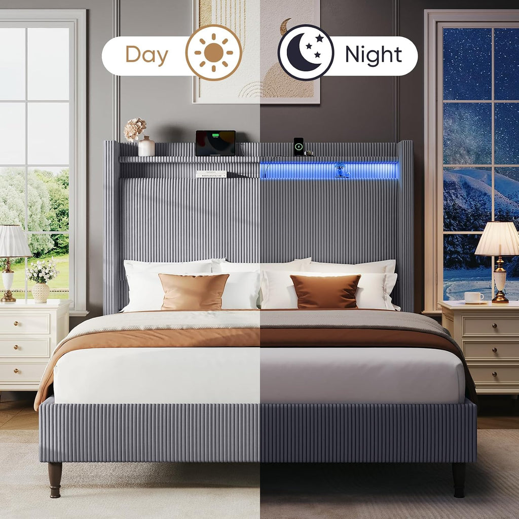 Queen Bed Frame with Tall Headboard, 55.3' Upholstered Platform Bed with LED Lights & Charging Station, Elegant Corduroy Bedframe, 2-tier Storage Wingback Headboard, No Box Spring Needed, Dark Grey