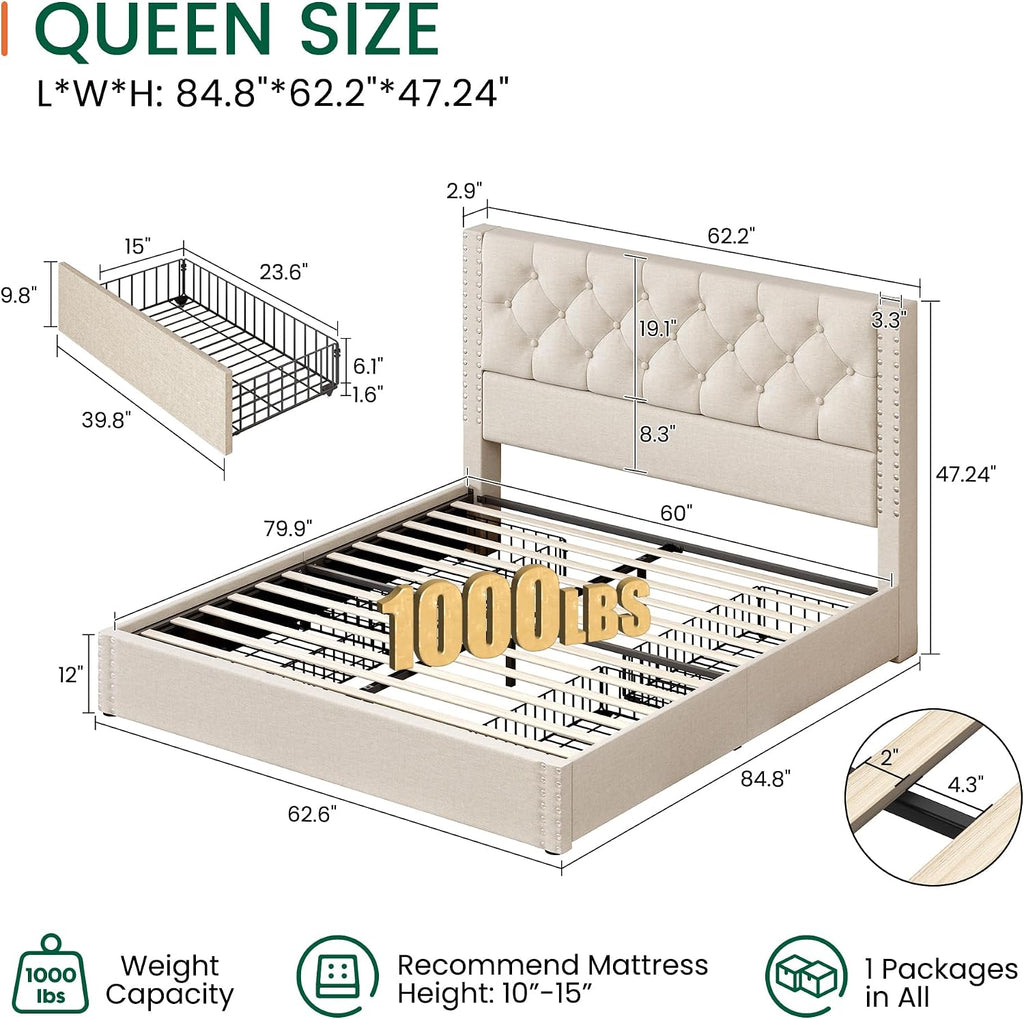 LARMACE Queen Size Bed Frame with 4 Storage Drawers and Tufted Headboard Linen Upholstered Platform Bed Frame with Heavy Duty Wood Slats, No Box Spring Needed, Easy Assembly, Beige