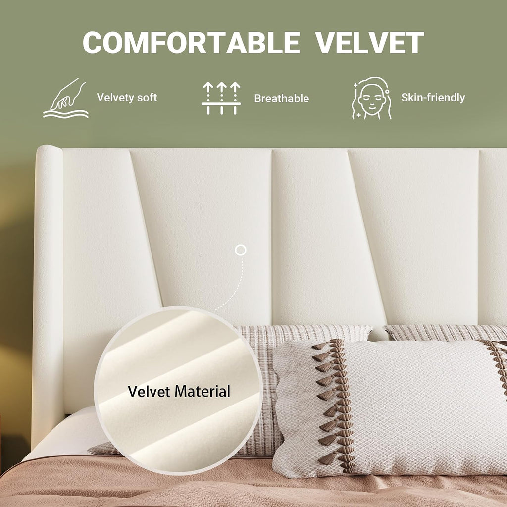 Allewie Queen Size Platform Velvet Bed Frame with Geometric Wingback Headboard, Boho Upholstered Bed with Wooden Slats Support, No Box Spring Needed, Easy Assembly, Cream