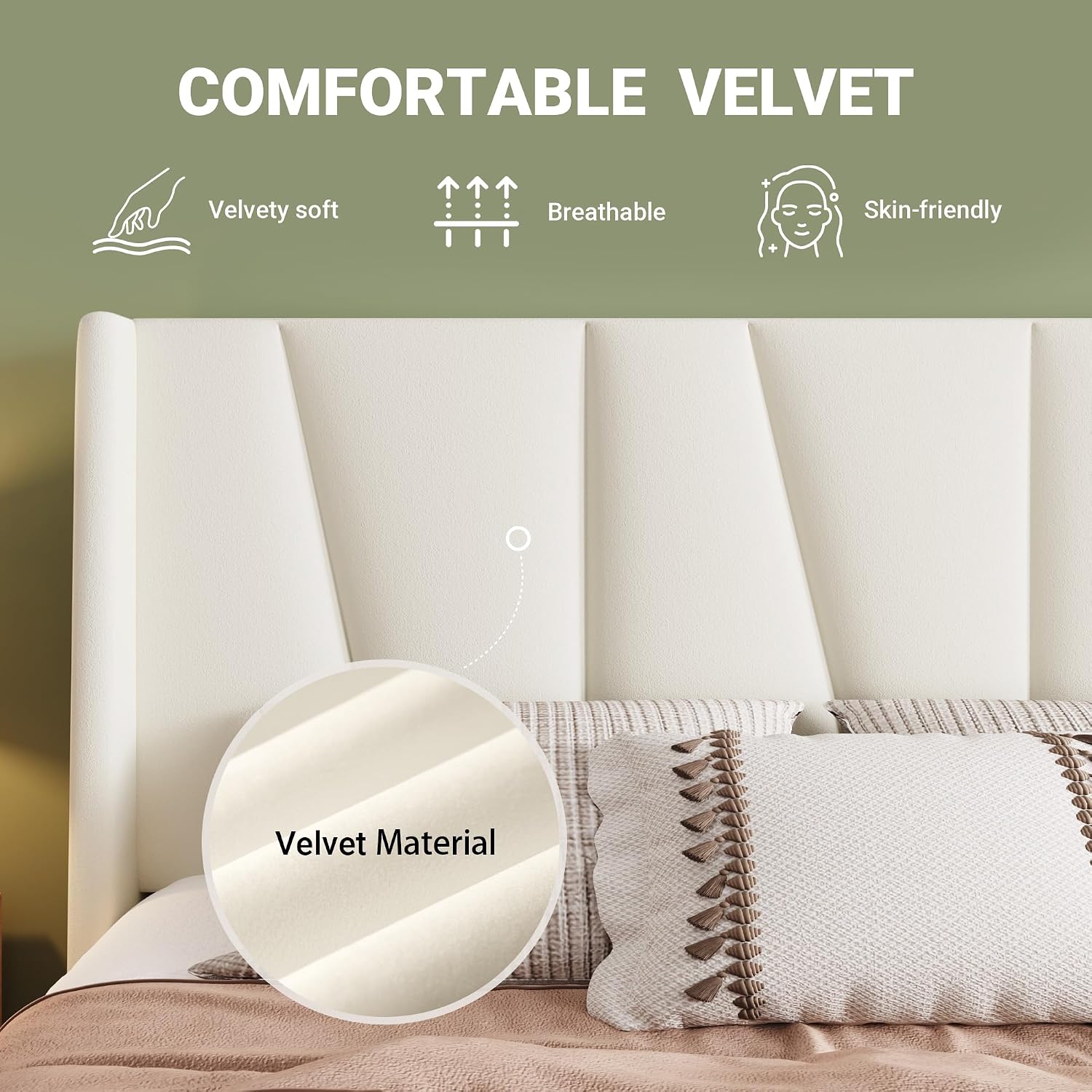 Allewie Queen Size Platform Velvet Bed Frame with Geometric Wingback Headboard, Boho Upholstered Bed with Wooden Slats Support, No Box Spring Needed, Easy Assembly, Cream