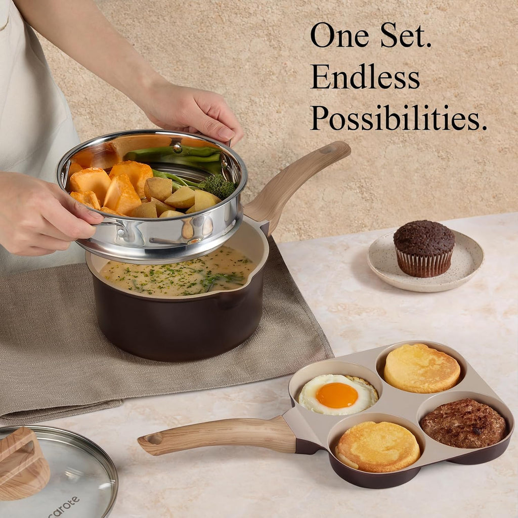 CAROTE 21 PCS Ceramic Cookware Set, Pots and Pans Set Non Stick, Pot and Pan Set with Frying Pan, Induction Ready Cooking Set for Kitchen, PFOS/PFOA/PFAS Free, Brown