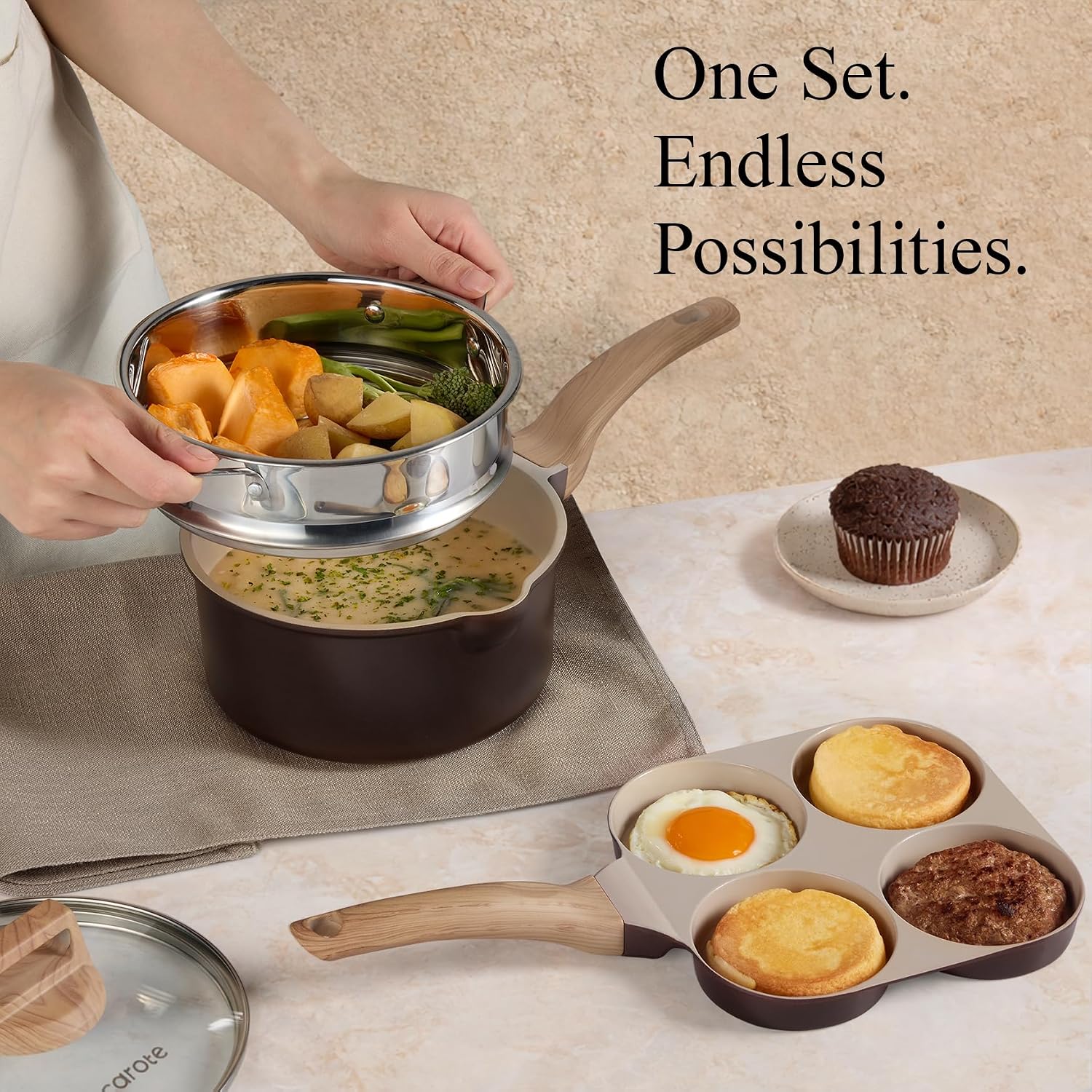CAROTE 21 PCS Ceramic Cookware Set, Pots and Pans Set Non Stick, Pot and Pan Set with Frying Pan, Induction Ready Cooking Set for Kitchen, PFOS/PFOA/PFAS Free, Brown