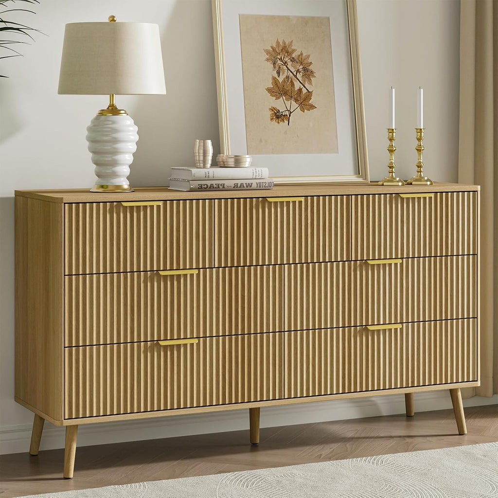 LYNSOM Fluted Dresser and Nightstand Sets 4 Piece, 2-Drawer Nightstands and 5/7 Drawers Dresser, Wood Bedroom Furniture Set for Home, Bedroom, Hallway, Oak