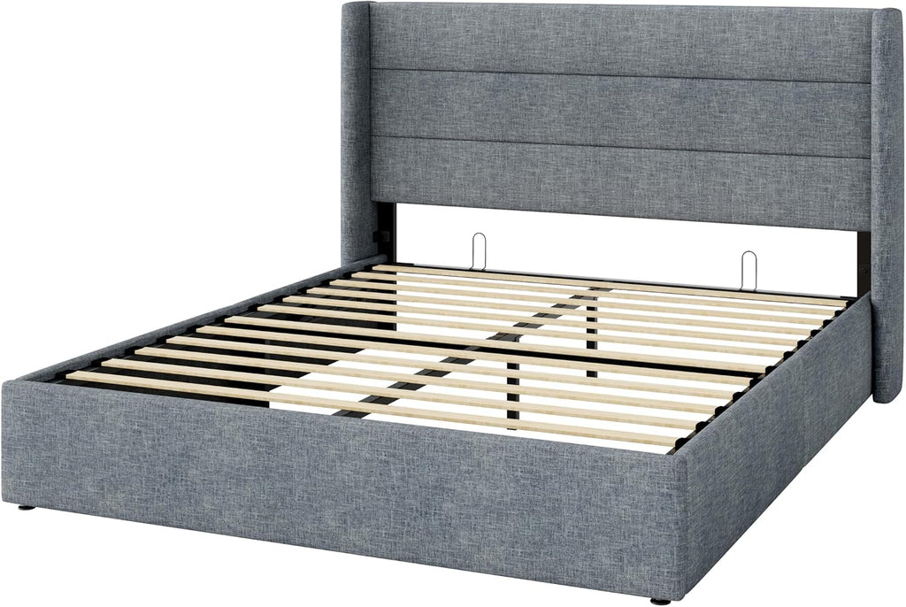 Allewie Queen Size Lift Up Storage Bed, Modern Wingback Headboard, Hydraulic Support, No Box Spring Needed, Grey Blue