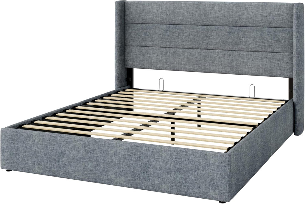 Allewie Full Size Lift Up Storage Bed, Modern Wingback Headboard, Hydraulic Support, No Box Spring Needed, Grey Blue