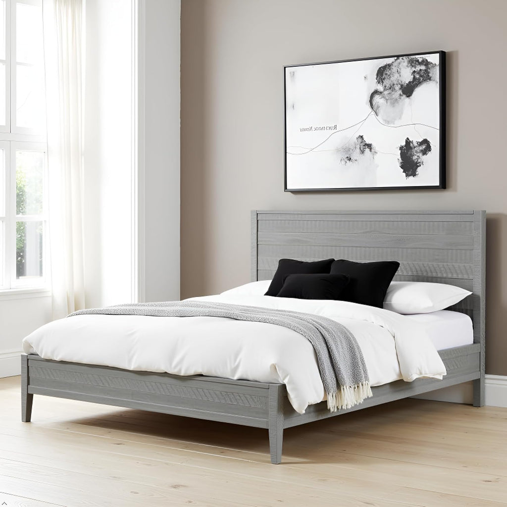 Arden Queen Size Panel Bed Frame – Solid Brazilian Pine Wood with High 50' Headboard, Low 18' Footboard, 8' Underbed Clearance – Modern Contemporary Bedroom by Alaterre Furniture (Driftwood Gray)