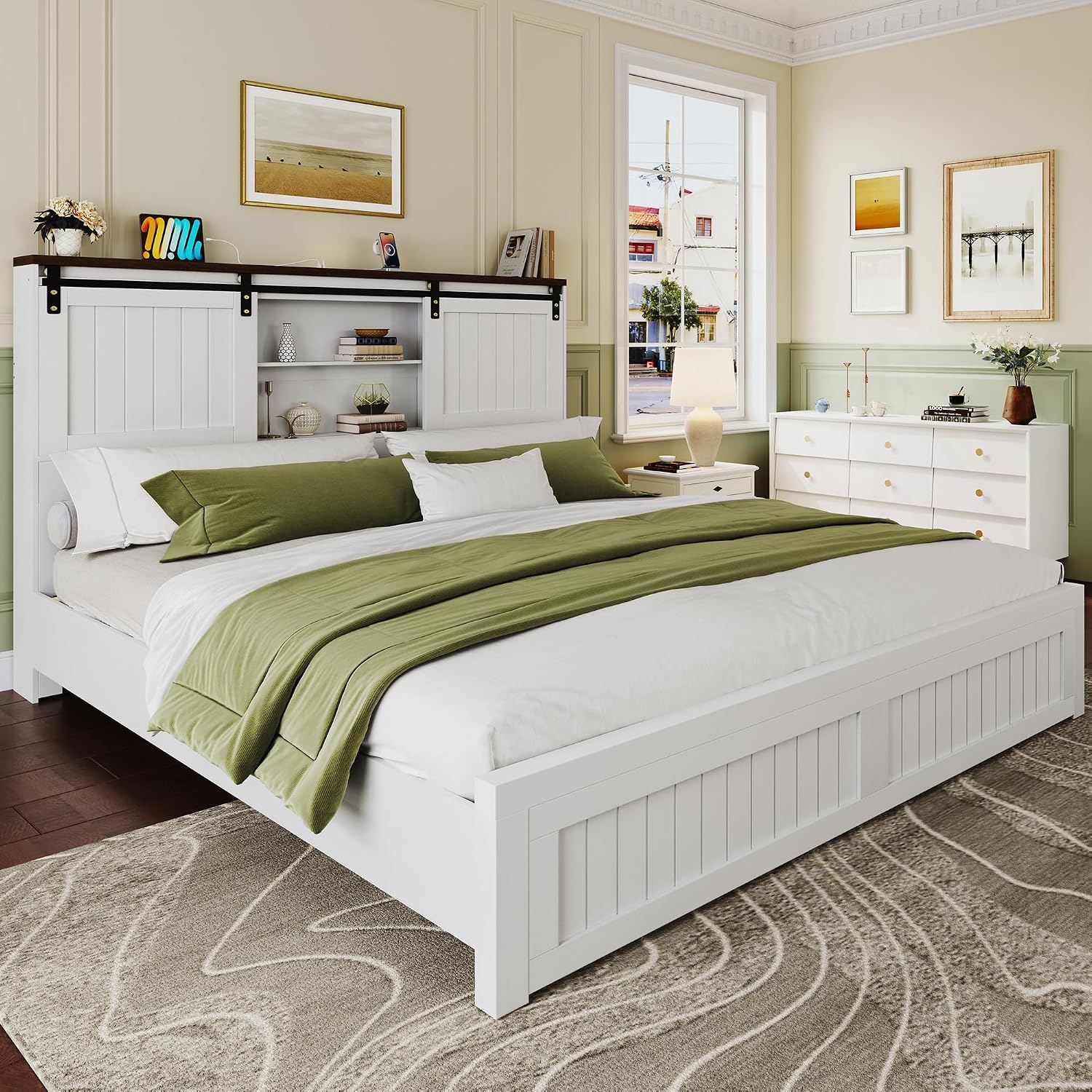 Queen Size Bed Frame with Storage, Sliding Barn Door, Farmhouse Wood Platform Bed with Reading Light and Charging Station, Wood Slats Support, Easy Assembly, Noise-Free, Antique White
