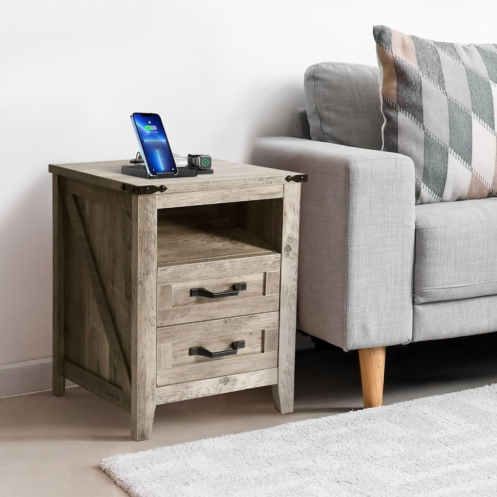 NEDYO Farmhouse Dresser and Nightstand Sets, Rustic Wooden Bedroom Set, 2PCS Dresser Set Including 6 Drawer Dresser & Nightstand with Charging Station. Light Rustic Oak
