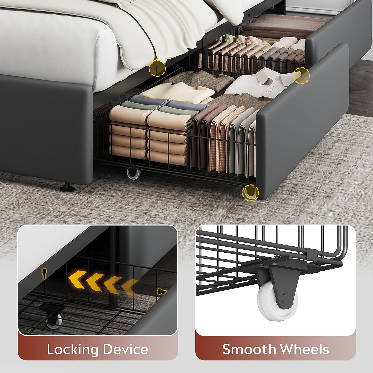 WLIVE Full Size Upholstered Bed Frame with 4 Storage Drawers and Headboard, Velvet Platform Bedframe, Sturdy Metal & Wooden Slats Support, No Box Spring Needed, Easy Assembly, Dark Grey