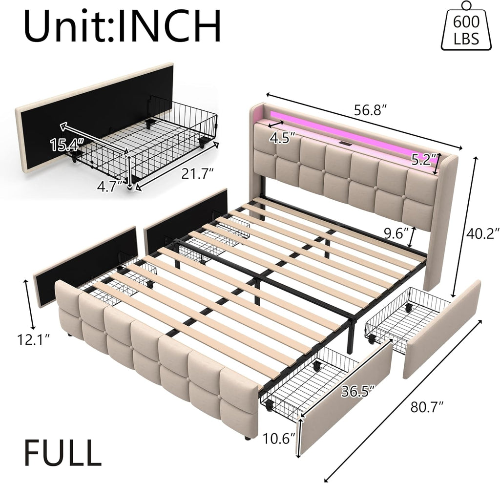 Juego 3 in 1 Full Bed Frame with RGB LED Light, Socket & USB & Type-C Charging Station,4 Drawers, Wooden Slats, Upholstered Bed, Noise-Free, No Box Spring Needed (Beige, Full)