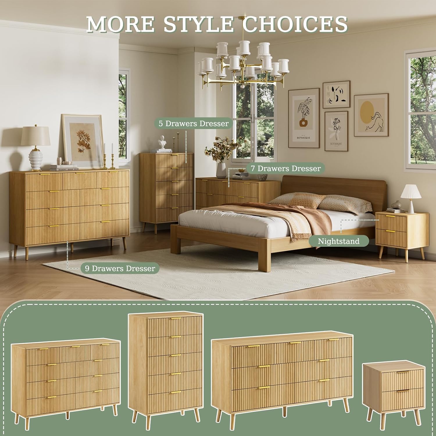 LYNSOM Fluted Dresser and Nightstand Sets 4 Piece, 2-Drawer Nightstands and 5/7 Drawers Dresser, Wood Bedroom Furniture Set for Home, Bedroom, Hallway, Oak