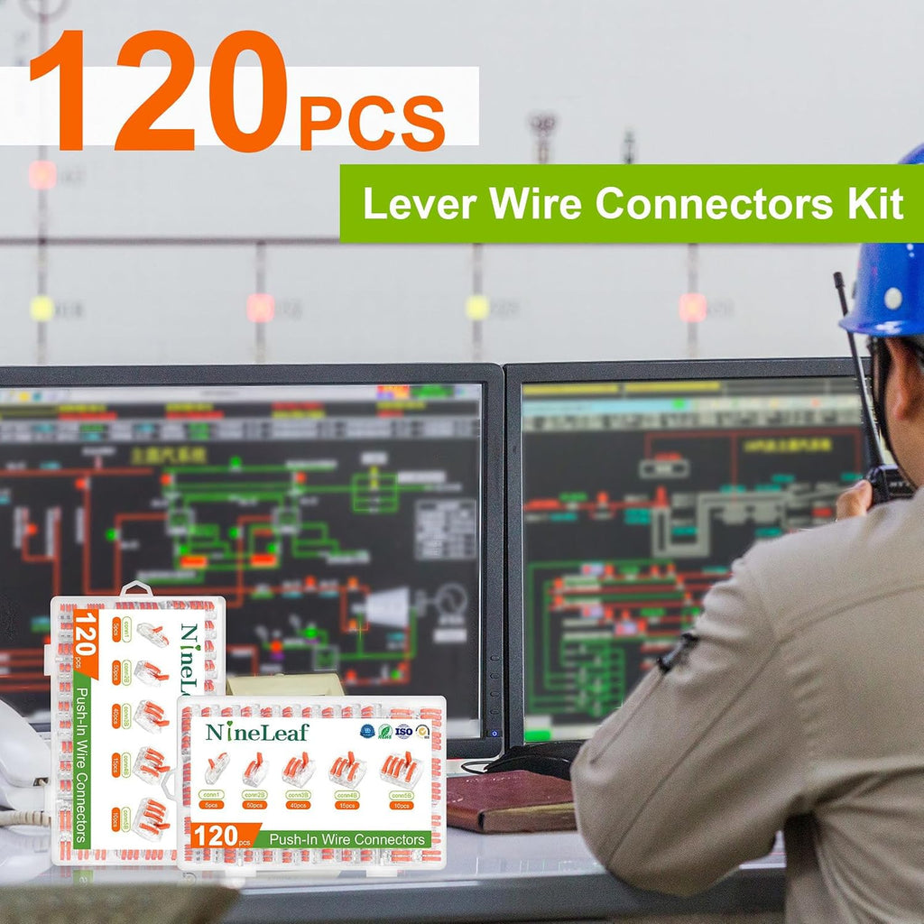 NineLeaf 120 Pcs Lever Wire Connectors Kit, 1/2/3/4/5 Port Combination, Push-in Electrical Wire Nuts AWG 28–12, Reusable Transparent Quick Connectors with Voltage Test Hole,9Set