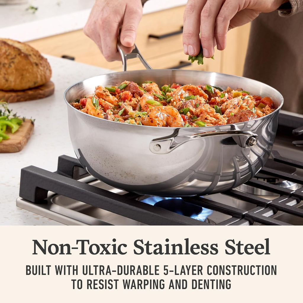 Calphalon Premier Polished 5-Ply Stainless Steel Cookware Set w/Turbo Heat Tech 4.5Qt Chef's Pan with Lid, Induction, Oven Safe 500F, PFOA Free, Polished Stainless Silver