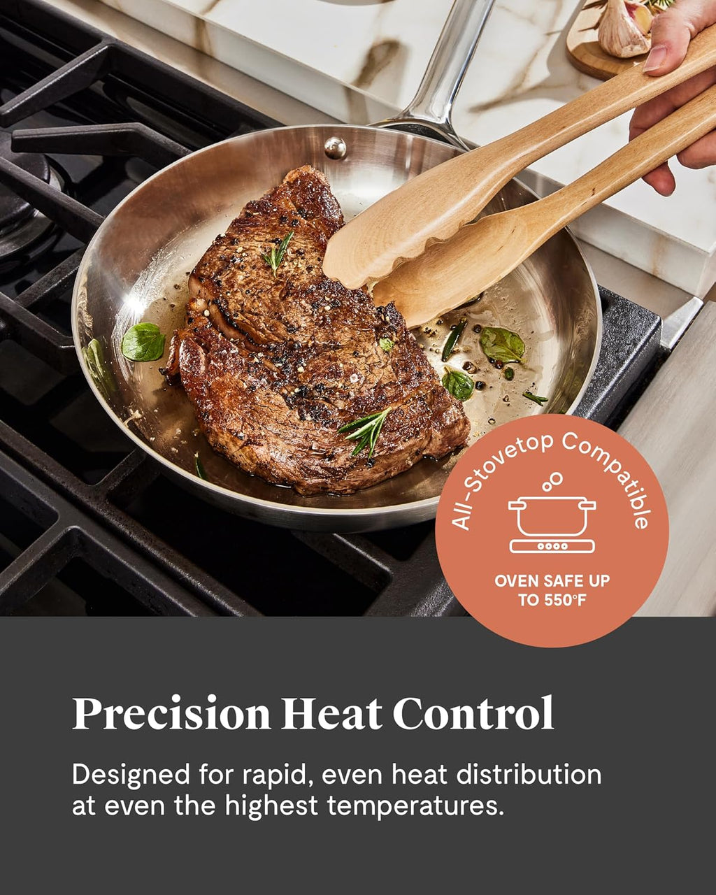 Caraway Stainless Steel Fry Pan (2.7 qt, 10.5') - 5-Ply Stainless Steel Pan - Oven Safe & Stovetop Agnostic - Non Toxic, PTFE & PFOA Free