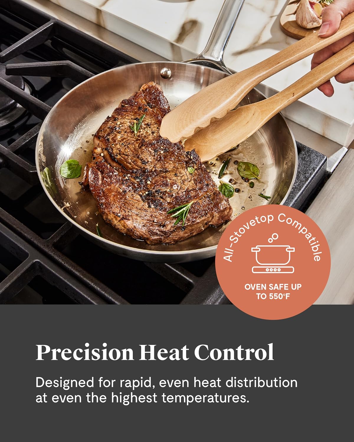 Caraway Stainless Steel Fry Pan (2.7 qt, 10.5') - 5-Ply Stainless Steel Pan - Oven Safe & Stovetop Agnostic - Non Toxic, PTFE & PFOA Free