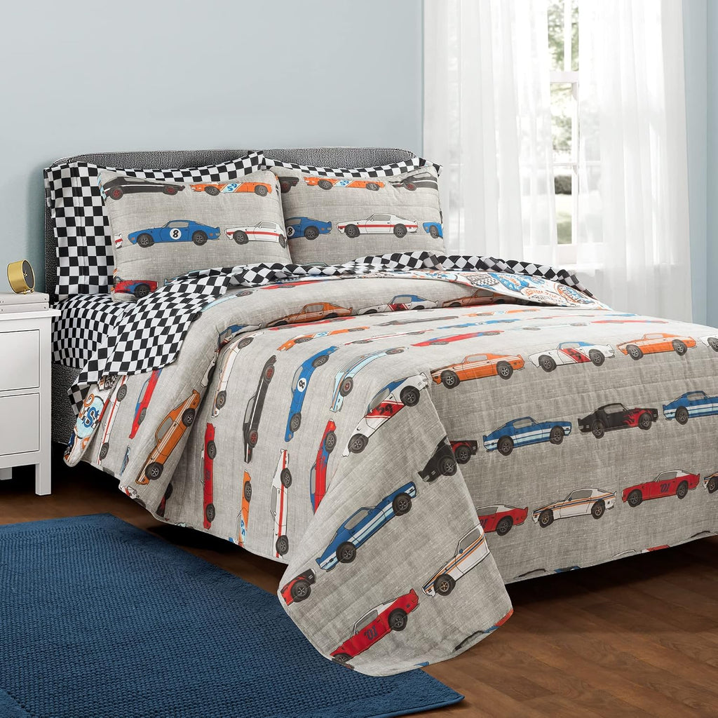 Lush Decor Race Car Kids' 7-Piece Oversized Quilt Bed Set, Reversible Bedding Set for Boys, Blue & Orange, Full/Queen