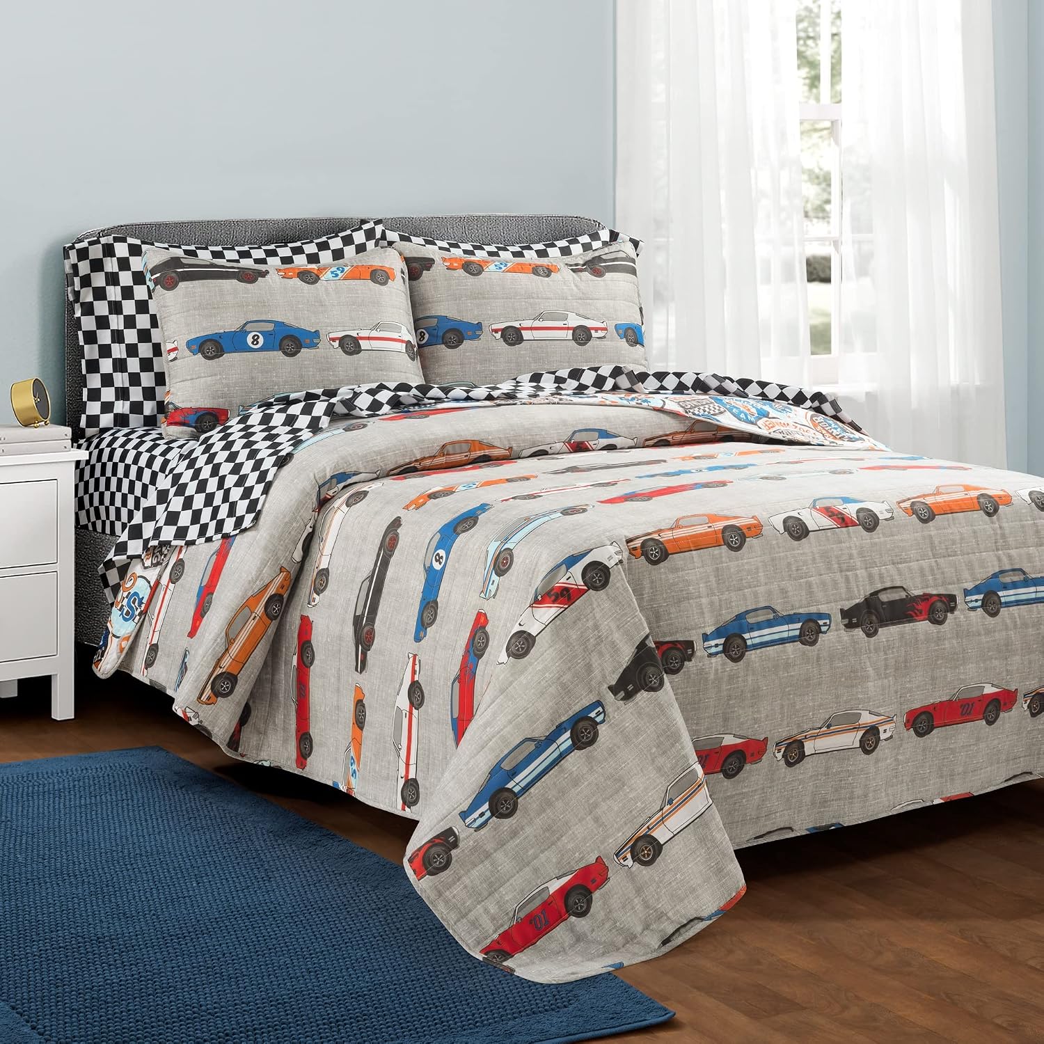 Lush Decor Race Car Kids' 7-Piece Oversized Quilt Bed Set, Reversible Bedding Set for Boys, Blue & Orange, Full/Queen