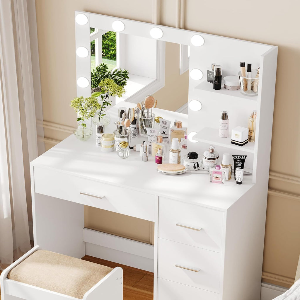Rovaurx Vanity Desk with Mirror and Lights, Makeup Vanity Table with Storage Shelves and 4 Drawers, Bedroom Dressing Table, 10 LED Lights, 3 Color Modes & Adjustable Brightness, White