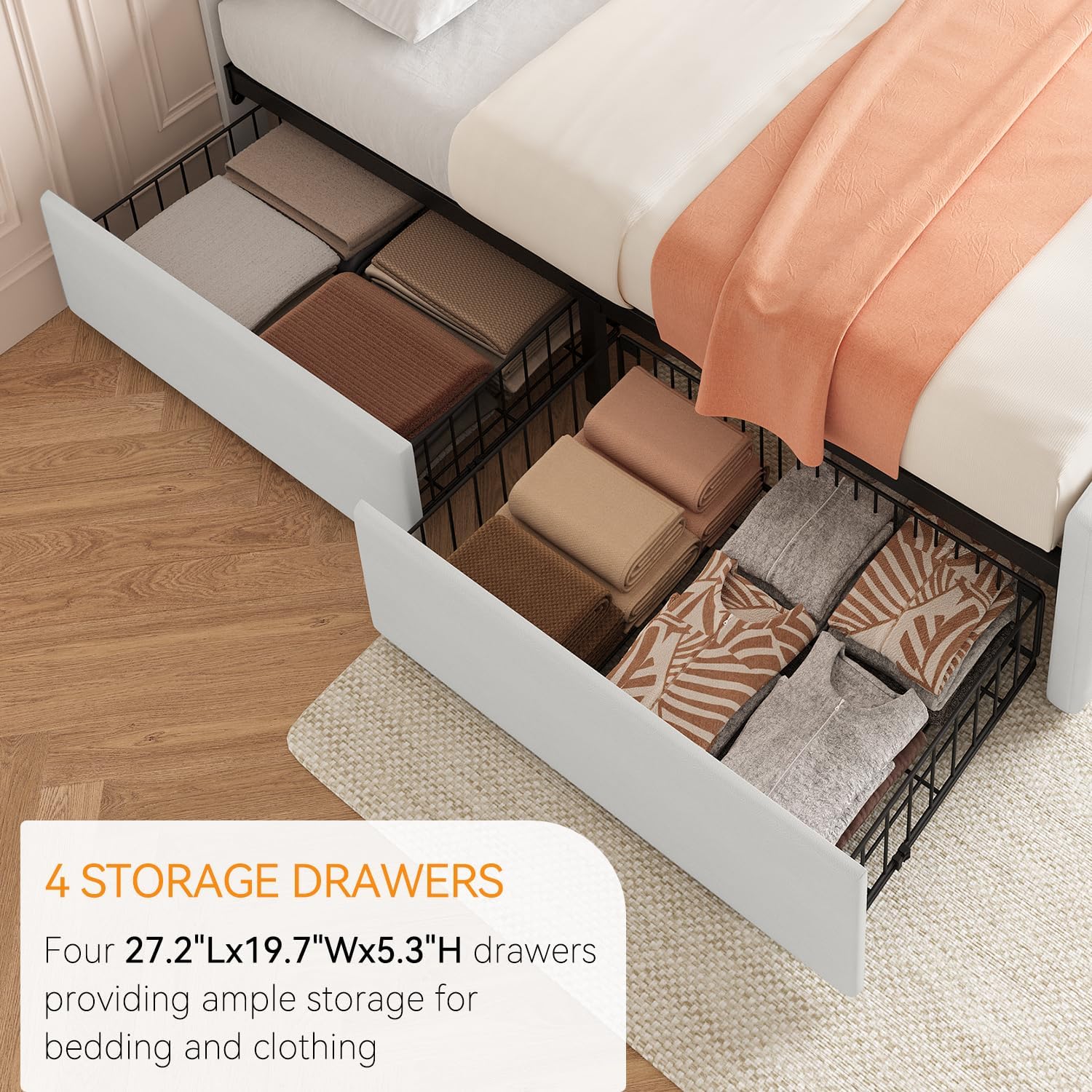 IDEALHOUSE Full Size Bed Frame with 4 Storage Drawers and Headboard, Faux Leather Upholstered Platform Bed Frame with Wooden Slats Support, Button Tufted Design, No Box Spring Needed, Beige