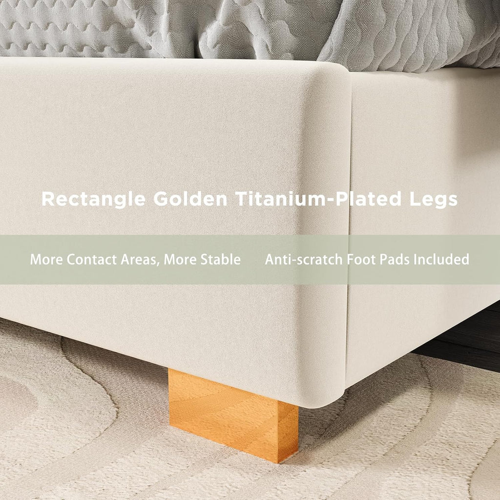 HOWE King Size Bed Frame and 65' Headboard, Upholstered Bed with Golden Plating Trim, Modern Platform Bed No Box Spring Needed, Cream