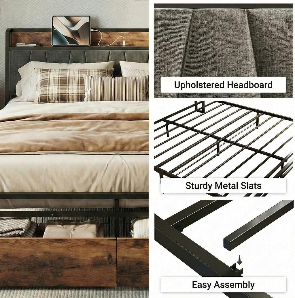 LIKIMIO King Size Bed Frame, Storage Headboard with Charging Station, Platform Bed with Drawers, No Box Spring Needed, Easy Assembly, Industrial Brown and Gray