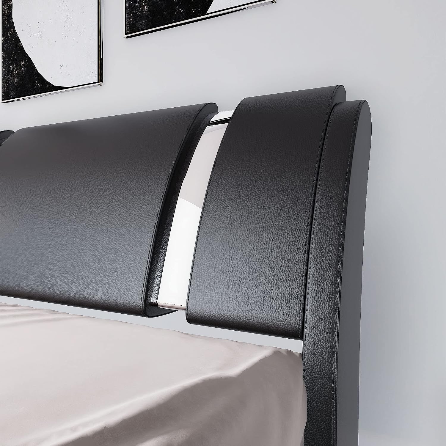 Allewie King Size Bed Frame with Iron Piece Decor, Faux Leather Upholstered Platform Bed with Curved Adjustable Headboard, Wooden Slats Support, No Box Spring Needed, Modern Black