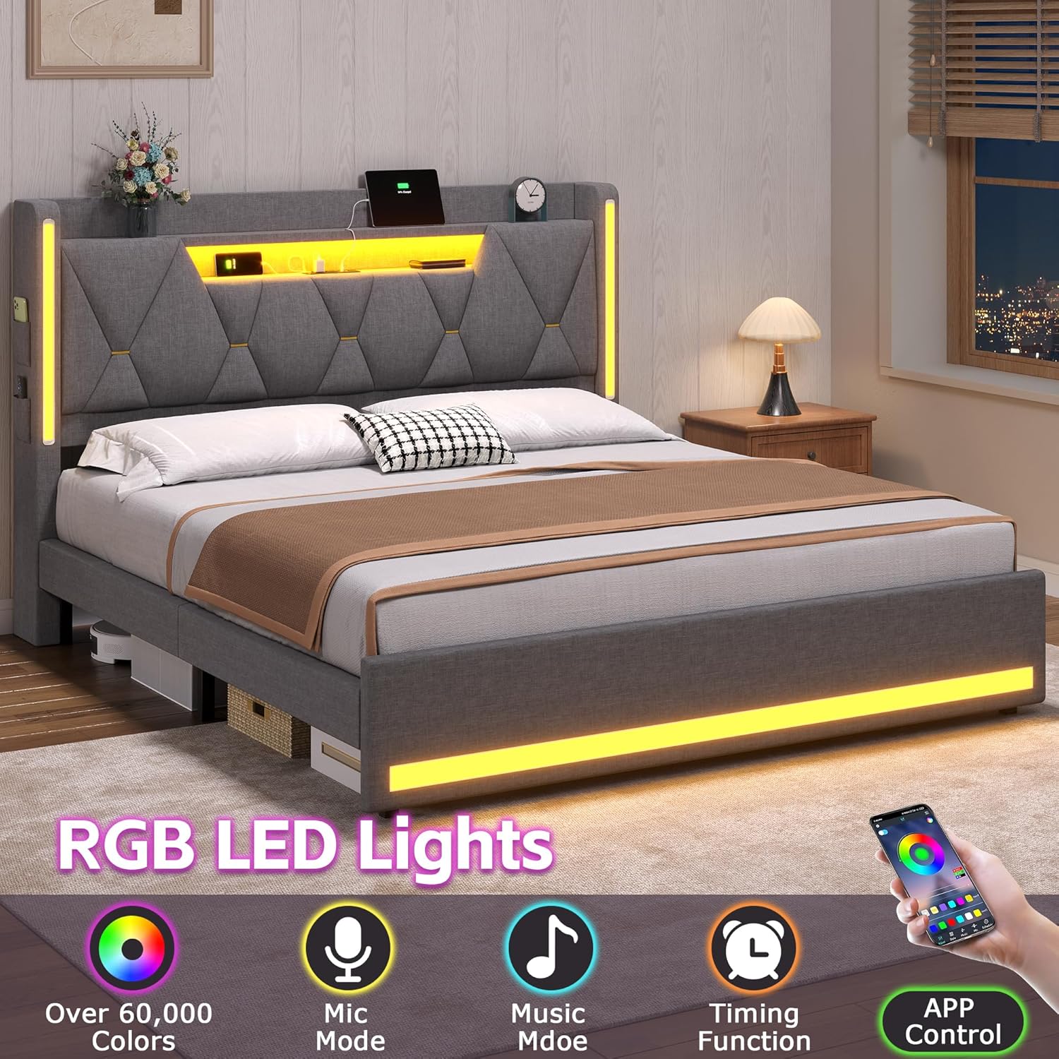BYSAUD Queen Bed Frame with Storage Headboard, Bed Frame Queen Size, Upholstered Platform Bed Frame with LED Lights and Charging Station, No Noise, No Box Spring Needed, Dark Gray, Linen