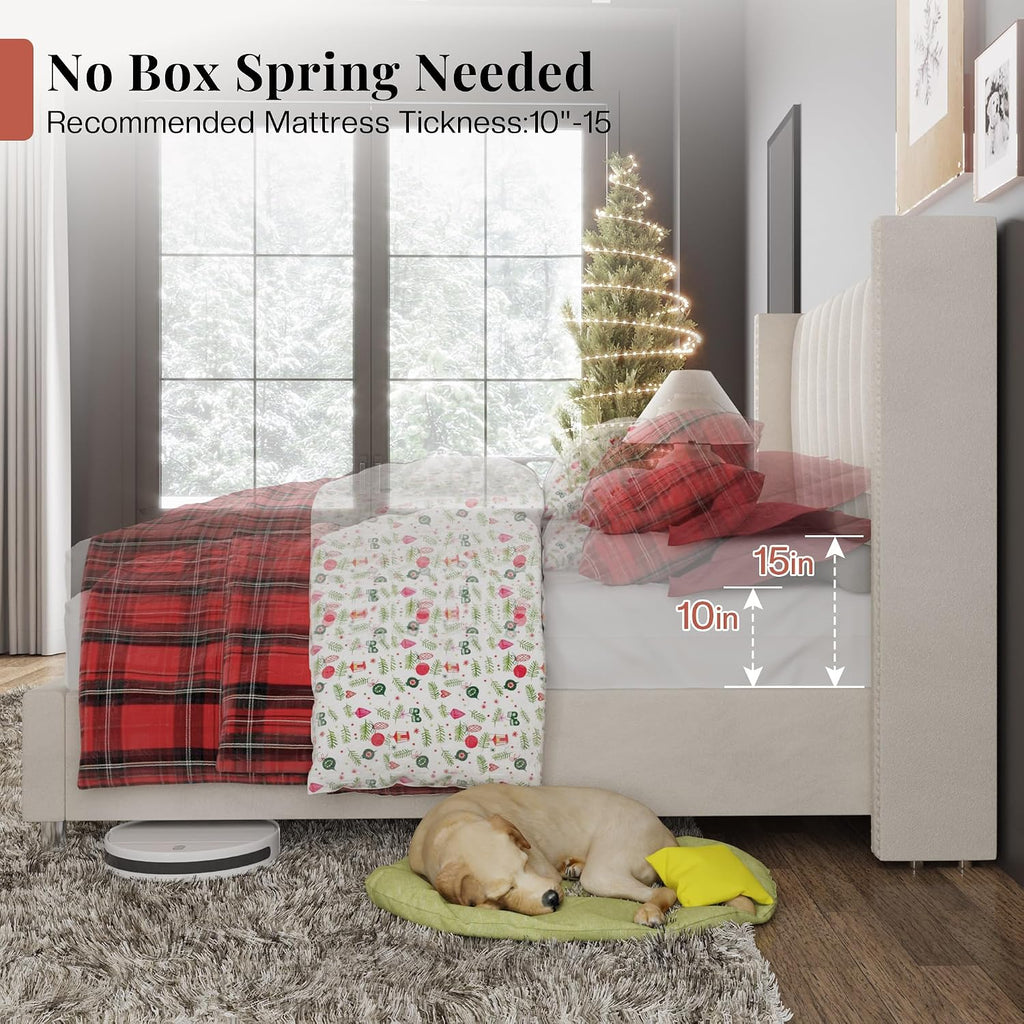 Jocisland Queen Size Upholstered Platform Bed Frame with Tall Wingback Headboard, Velvet Modern Luxury Design, No Box Spring Needed, Easy Assembly, Cream