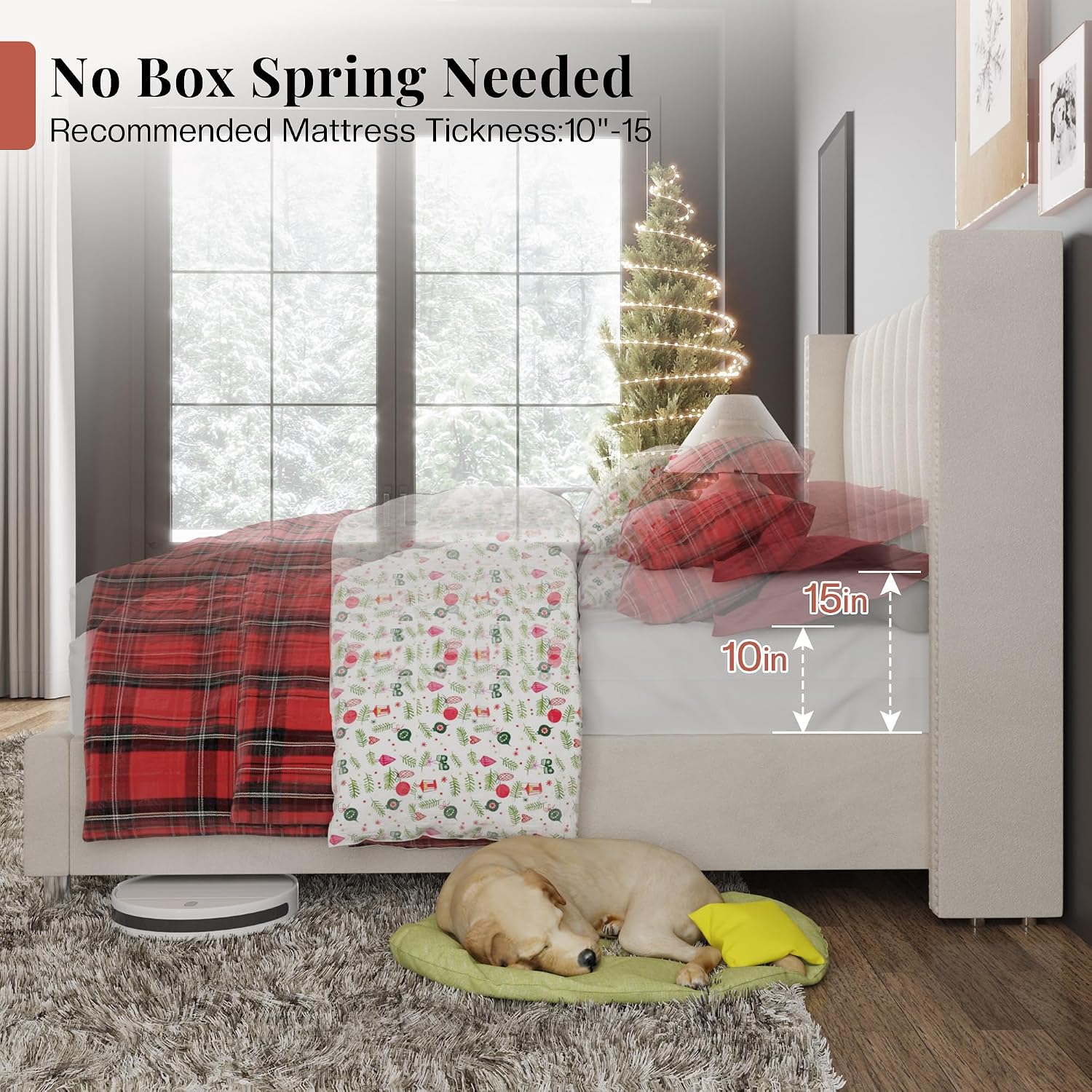 Jocisland Queen Size Upholstered Platform Bed Frame with Tall Wingback Headboard, Velvet Modern Luxury Design, No Box Spring Needed, Easy Assembly, Cream