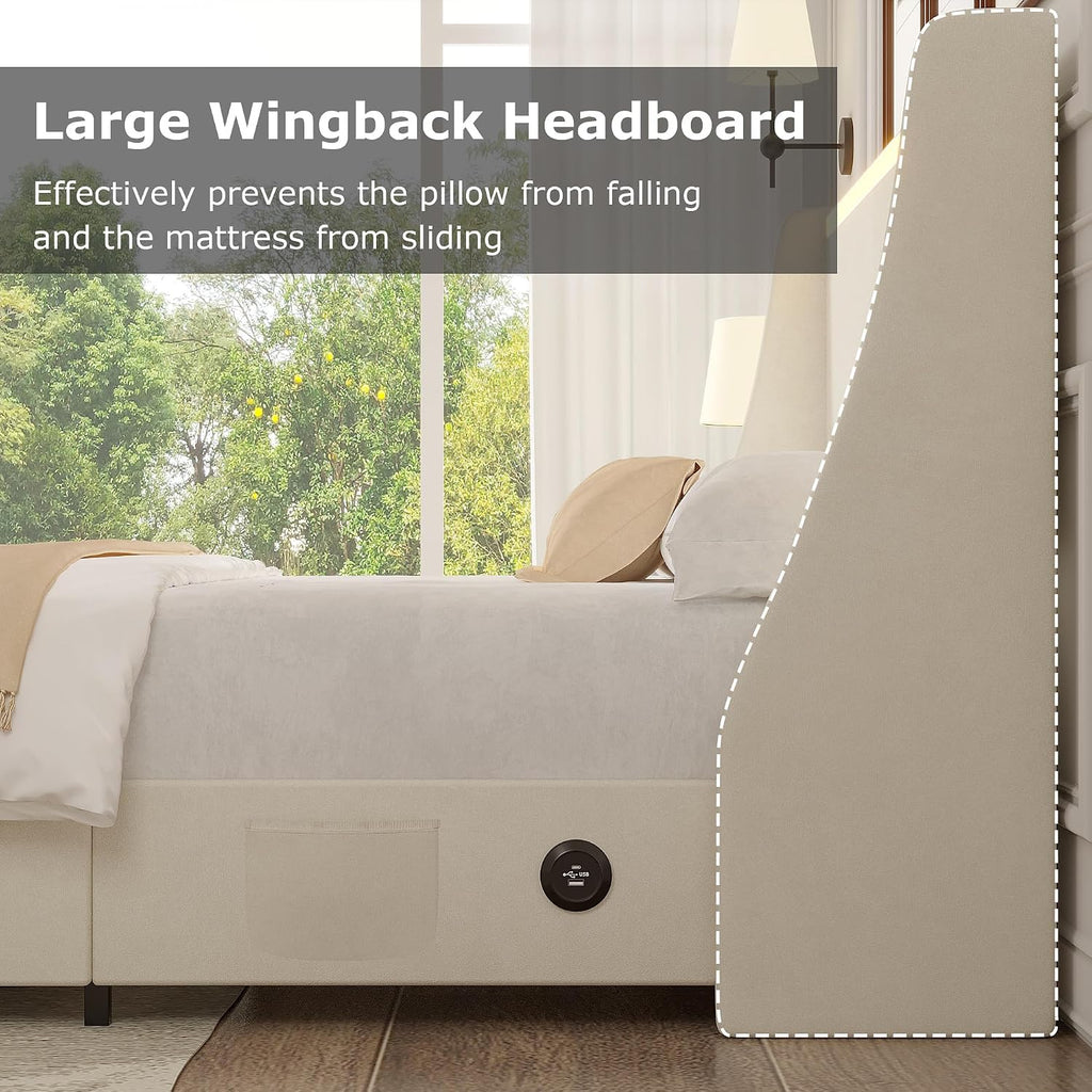 VECELO Queen Size Bed Frame with Storage Drawers, Upholstered Platform Bedframe with Wingback Headboard, No Box Spring Needed, Beige