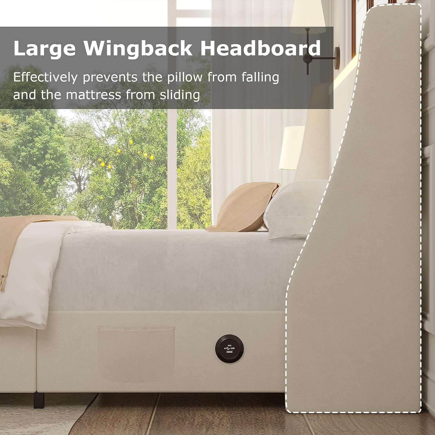VECELO Queen Size Bed Frame with Storage Drawers, Upholstered Platform Bedframe with Wingback Headboard, No Box Spring Needed, Beige