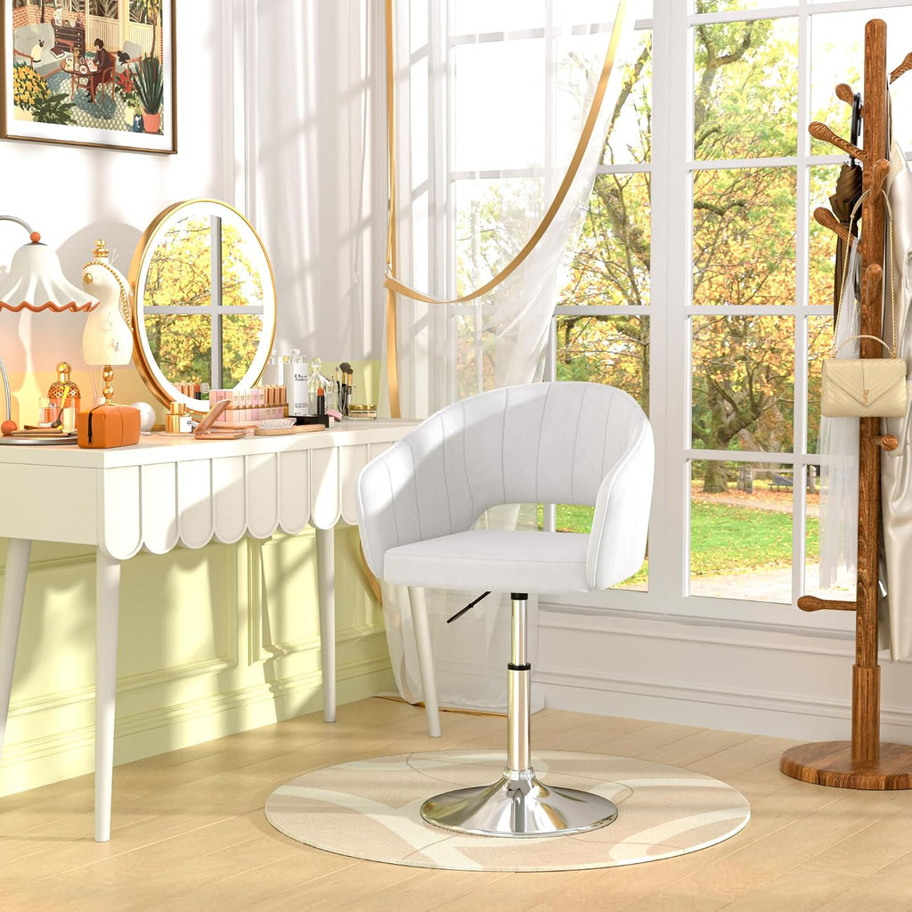 VECELO Velvet Accent Chair Set of 2, Adjustable Luxury Vanity & Dining Chair with Gold Barstool Base, 360°Swivel Upholstered Armchair for Living Room, Bedroom, Home Office, Pearl White