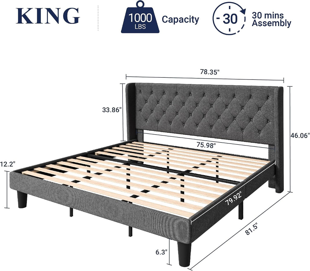 Allewie King Size Upholstered Platform Bed Frame with Wingback and Button Tufted Headboard for Reading, Strong Wood Slat Support, Modern Design, Easy Assembly, Dark Grey