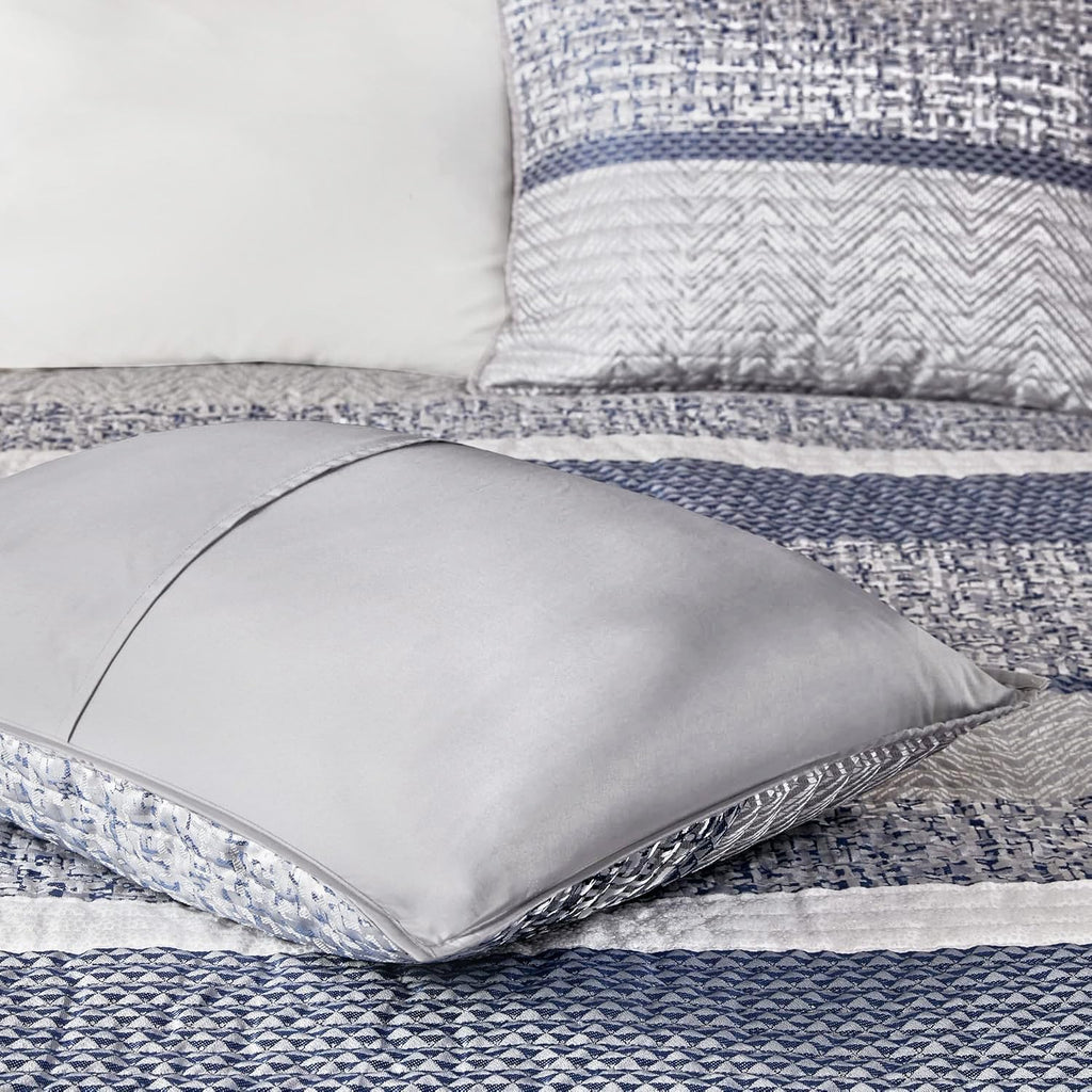 Madison Park Queen Quilt Set Lustrous Jacquard & Glitter Accent Coverlet Set for Queen Size Bed - All Season, Lightweight Queen Quilt Set, Shams, Decorative Pillow, Full/Queen Chevron Grey/Navy