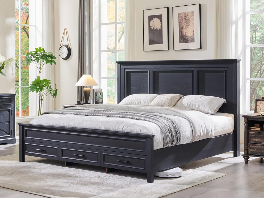 ACCOHOHO Farmhouse Queen Size Bed Frame with 52' Tall Headboard, Wood Platform Bedframe with Footboard and Storage Drawers, No Squeak, No Box Spring Needed, Black