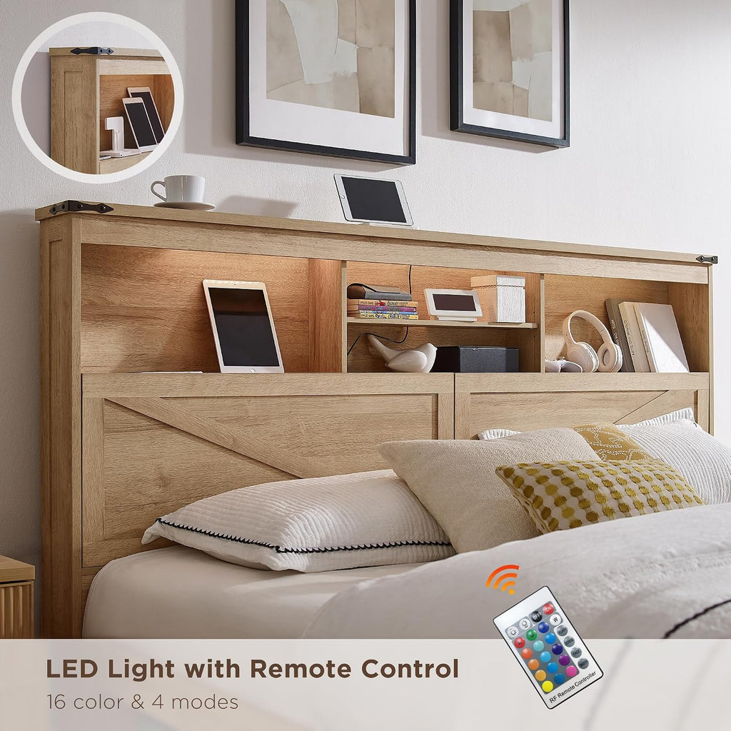 ACCOHOHO King Bed Frame with 52' Headboard and 4 Drawers,LED Light,Charging Station,Solid Wood Slats Support,No Box Spring Needed,Natural Oak