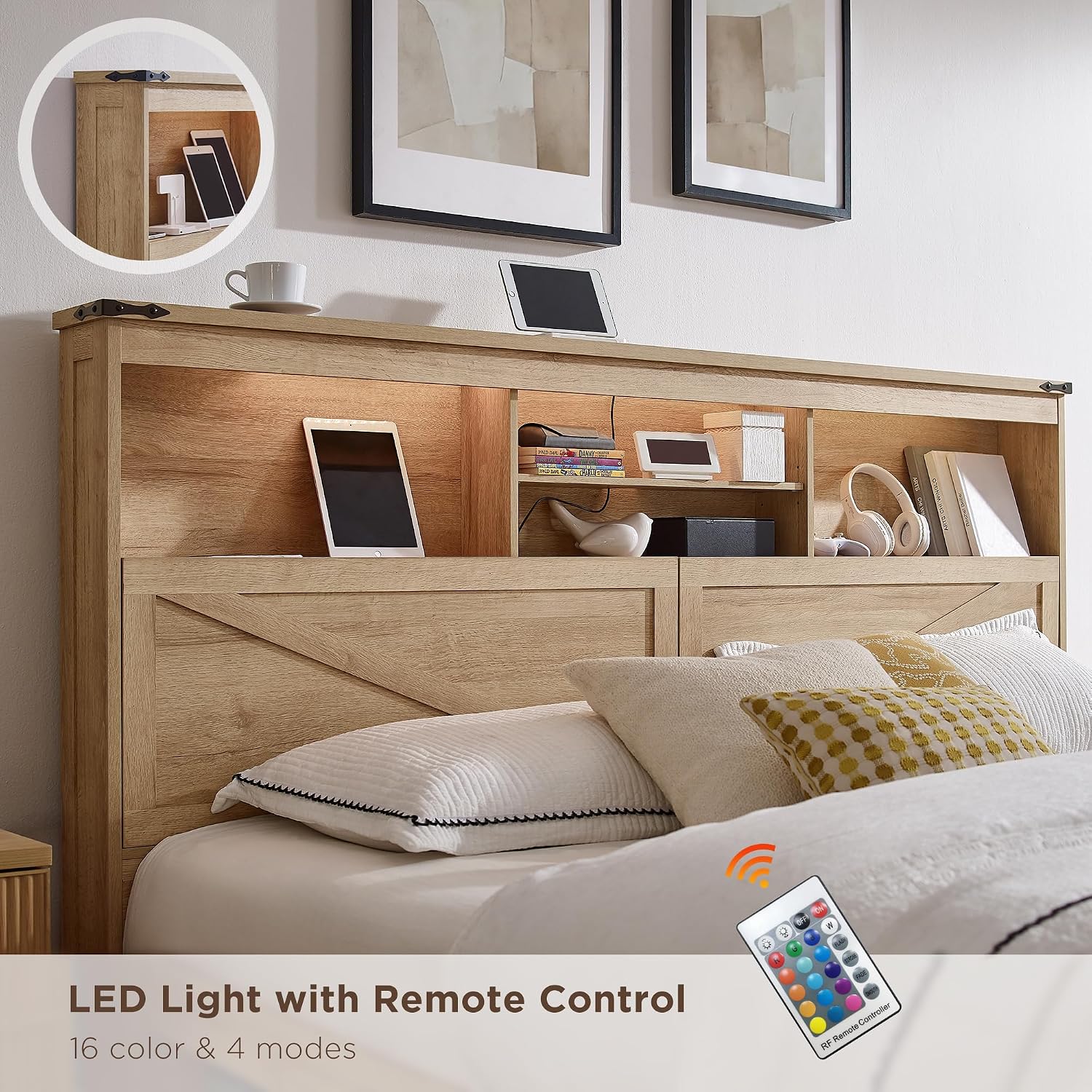 ACCOHOHO King Bed Frame with 52' Headboard and 4 Drawers,LED Light,Charging Station,Solid Wood Slats Support,No Box Spring Needed,Natural Oak