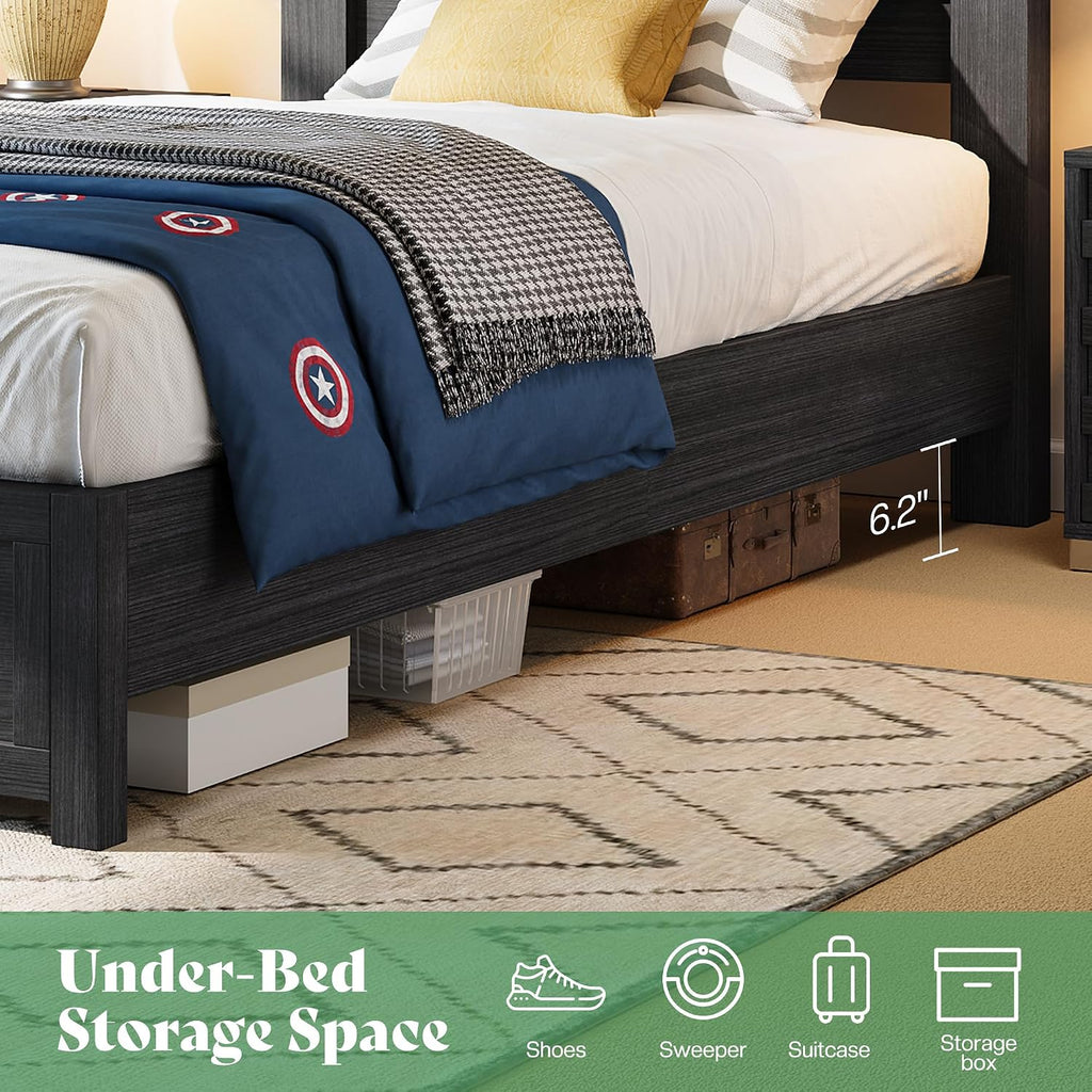 AMERLIFE Farmhouse Twin Bed Frame with 49' Fluted Headboard, Platform Bed with Natural Wood Grain Finish, Noise Free, No Box Spring Needed, Black