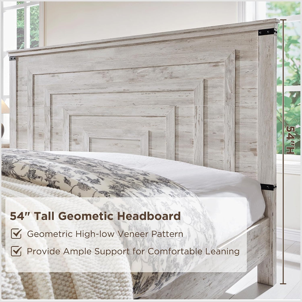 RedLemon Farmhouse Queen Size Bed Frame w/ 54' Tall Geometric Headboard, Rustic Wood Platform Bed w/ 2 Large Storage Drawers, Wood Slats Support, Noise Free, No Box Spring Needed, Antique Brush White