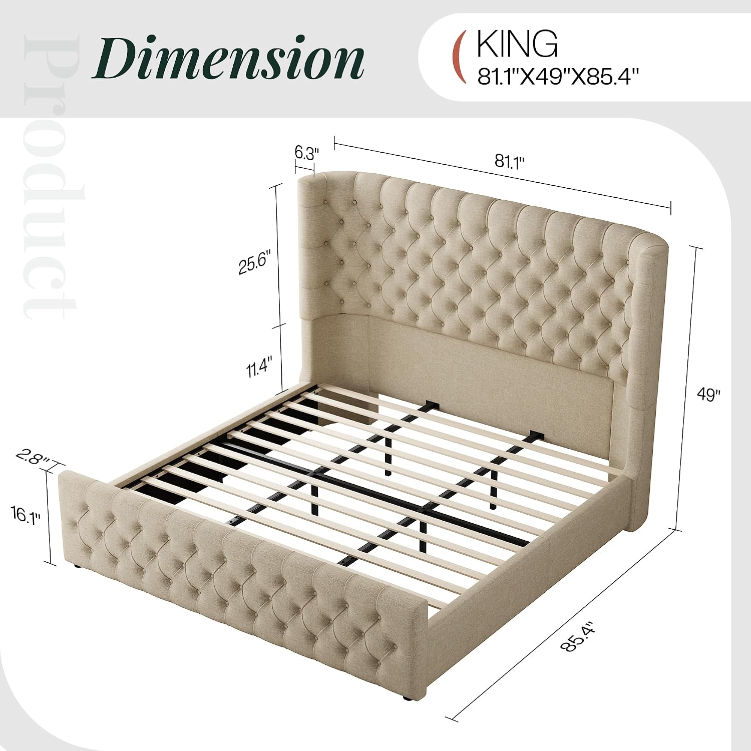 Jocisland King Size Platform Bed Frame, 6.3' Thick Upholstered Curved Wingback Headboard and Footboard with Deep Button Tufted, Easy Assembly, No Box Spring Needed, Khaki Linen